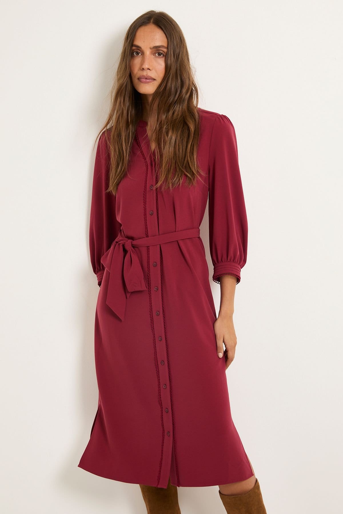 Wallis Wallis Women's Button Through Belted Shirt Dress in Wine - 4