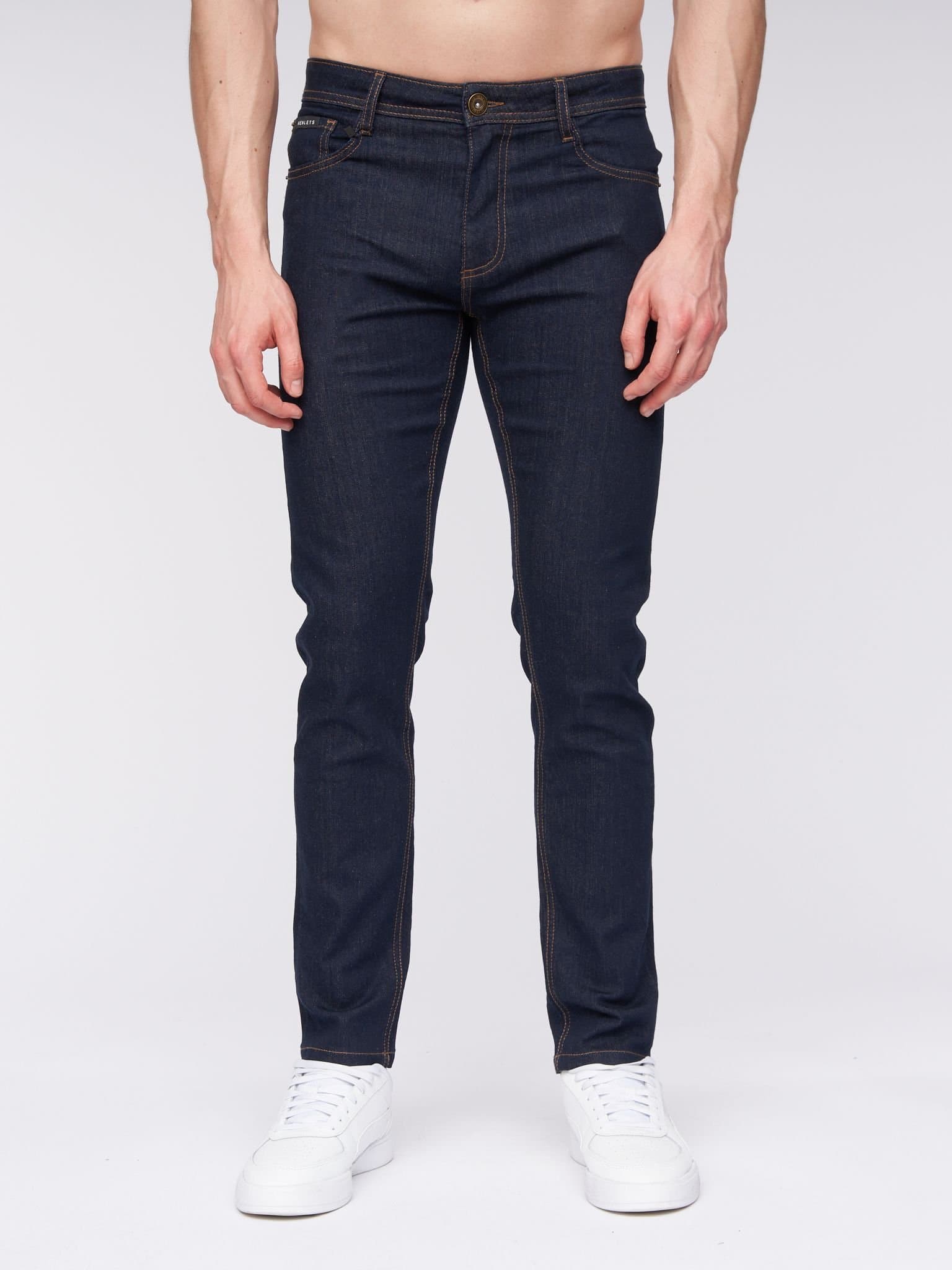 Henleys Henleys Mayhen Men's Skinny-Fit Stretch Denim Jeans with Signature Rubber Label Detail in Navy