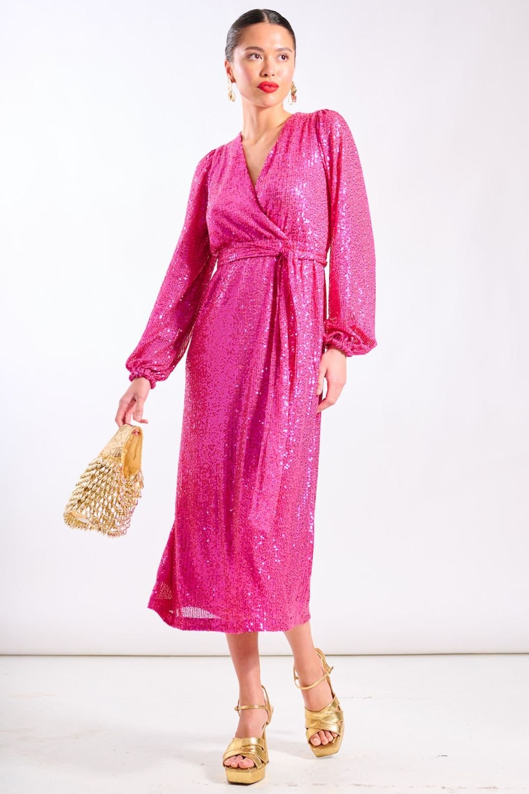 Needs No Label Needs No Label Women's Pink Sequin Wrap Midi Dress