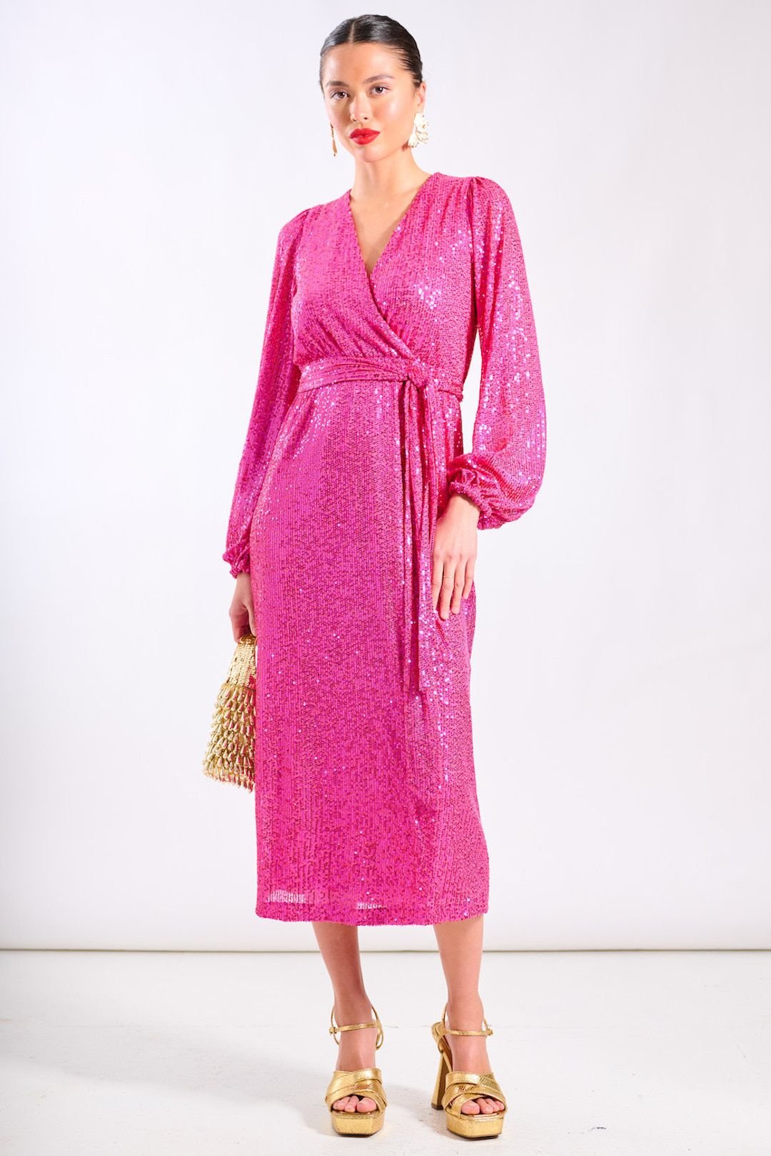 Needs No Label Needs No Label Women's Pink Sequin Wrap Midi Dress - 2