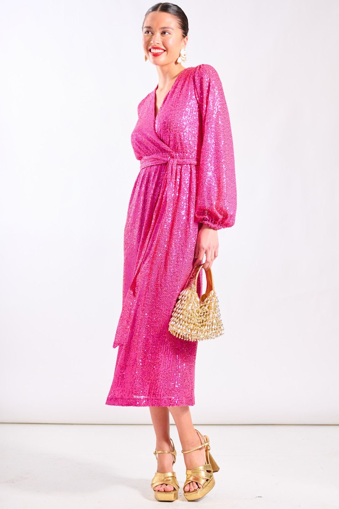 Needs No Label Needs No Label Women's Pink Sequin Wrap Midi Dress - 3