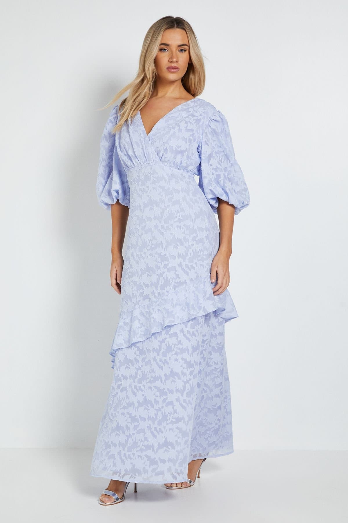 Dorothy Perkins Dorothy Perkins Women's DP Luxe Wrap Front Puff Sleeve Ruffle Maxi Dress in Pale Blue