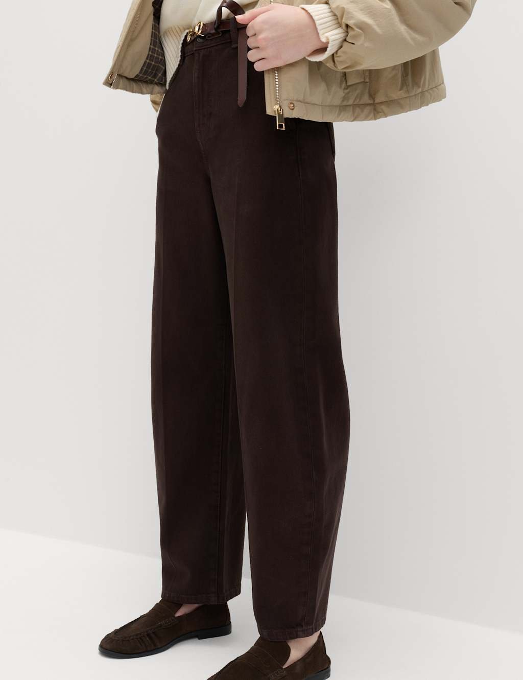 Marks & Spencer M&S Pure Cotton Crease Front Barrel Leg Trousers Bitter Chocolate - 3