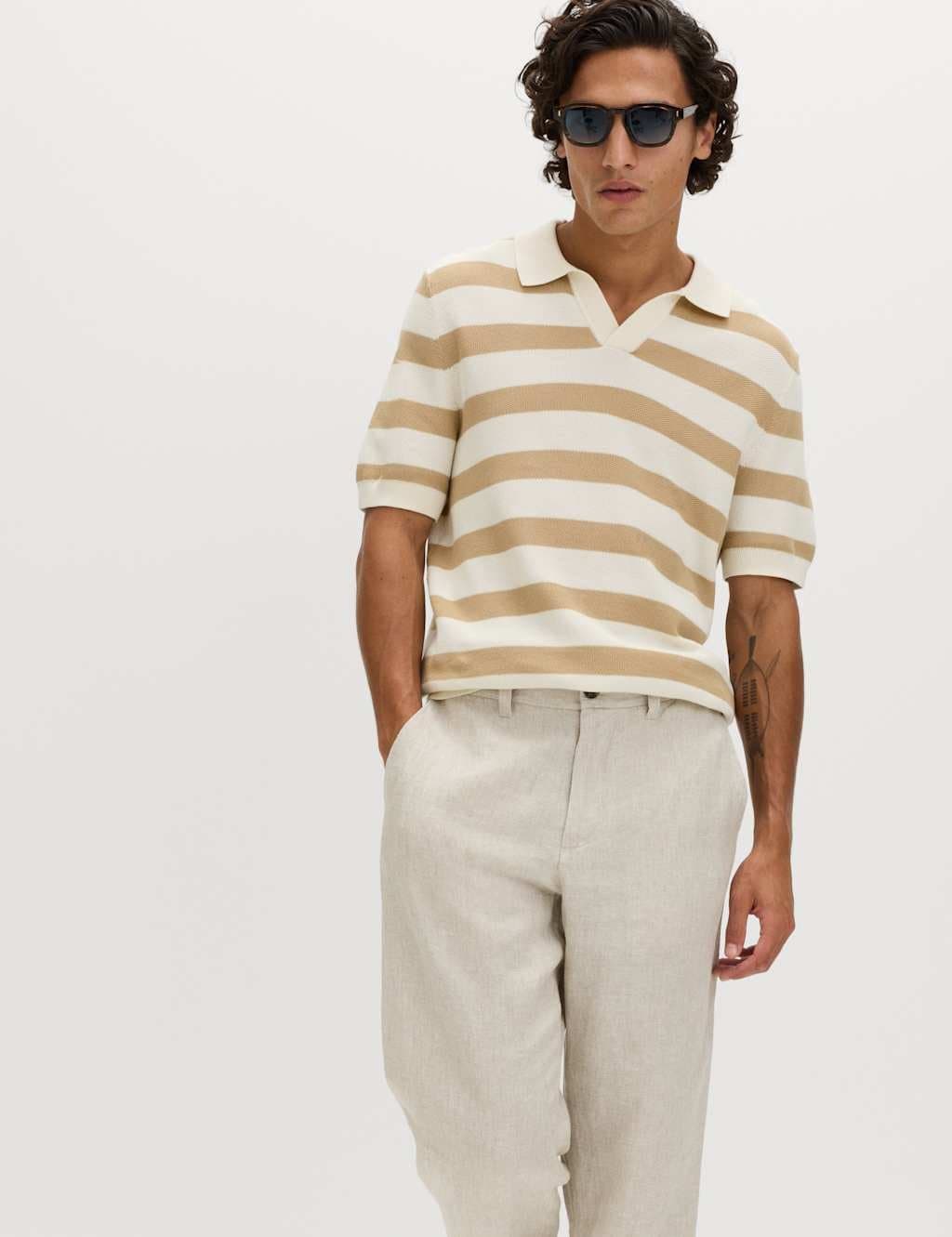 Marks & Spencer M&S Pure Cotton Striped Knitted Polo Shirt Ecru Mix
