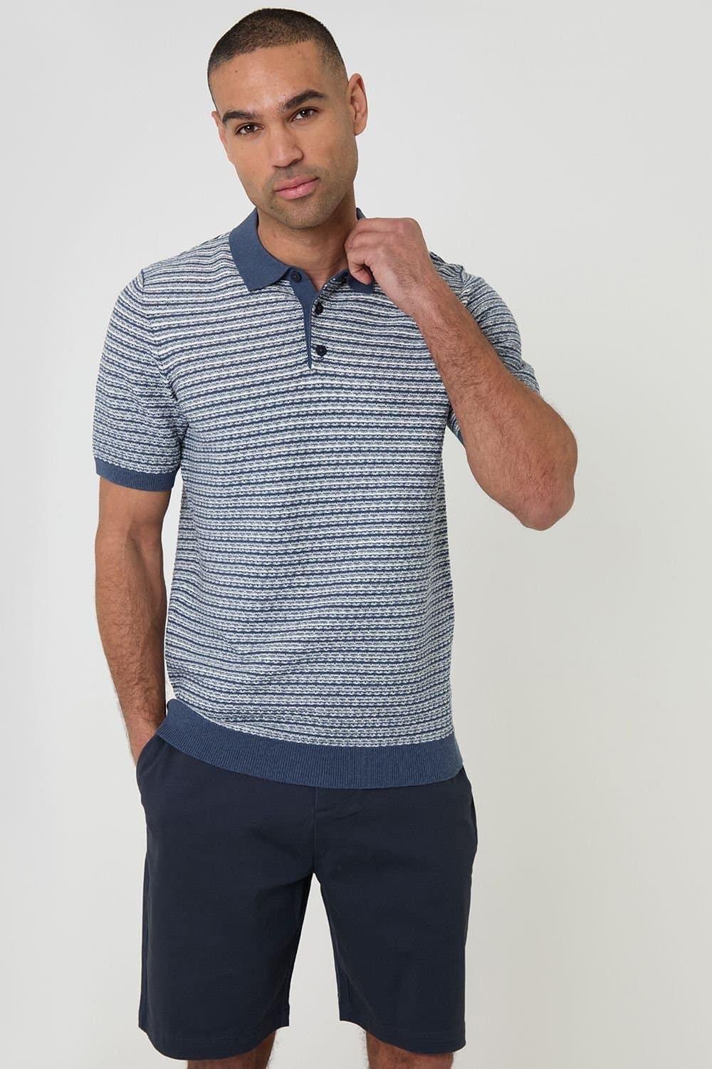 Threadbare threadbare Men's Textured Stripe Short Sleeve Knitted Polo in Blue