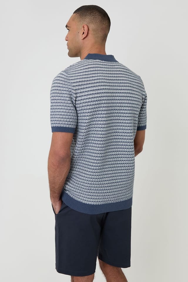 Threadbare threadbare Men's Textured Stripe Short Sleeve Knitted Polo in Blue - 2