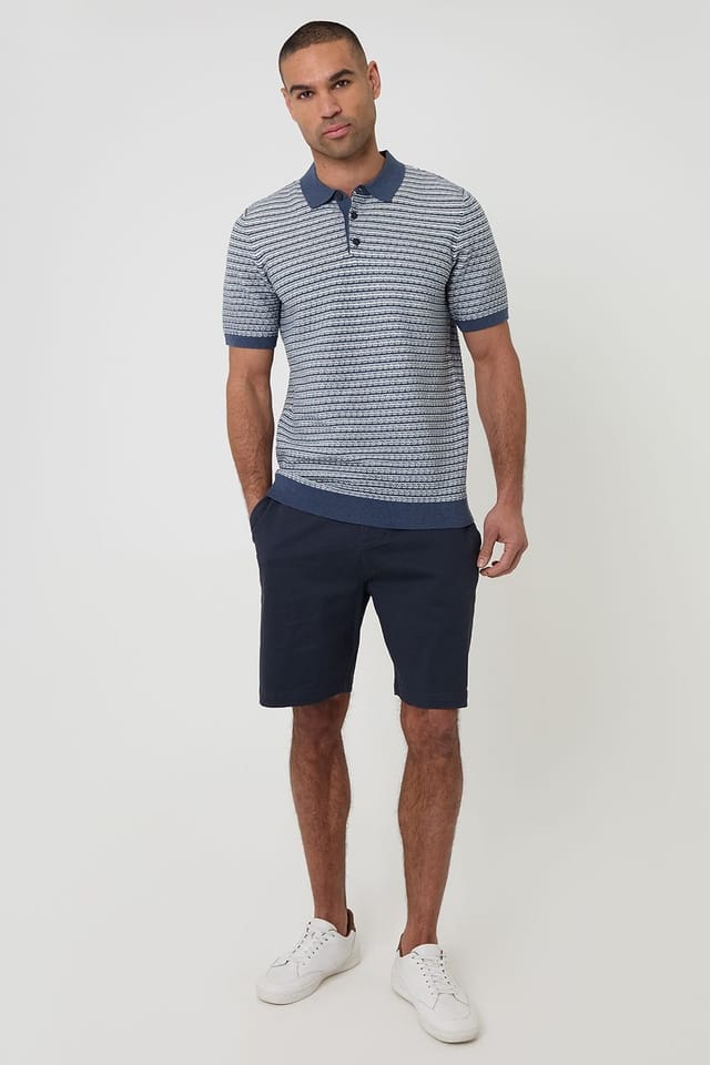 Threadbare threadbare Men's Textured Stripe Short Sleeve Knitted Polo in Blue - 3