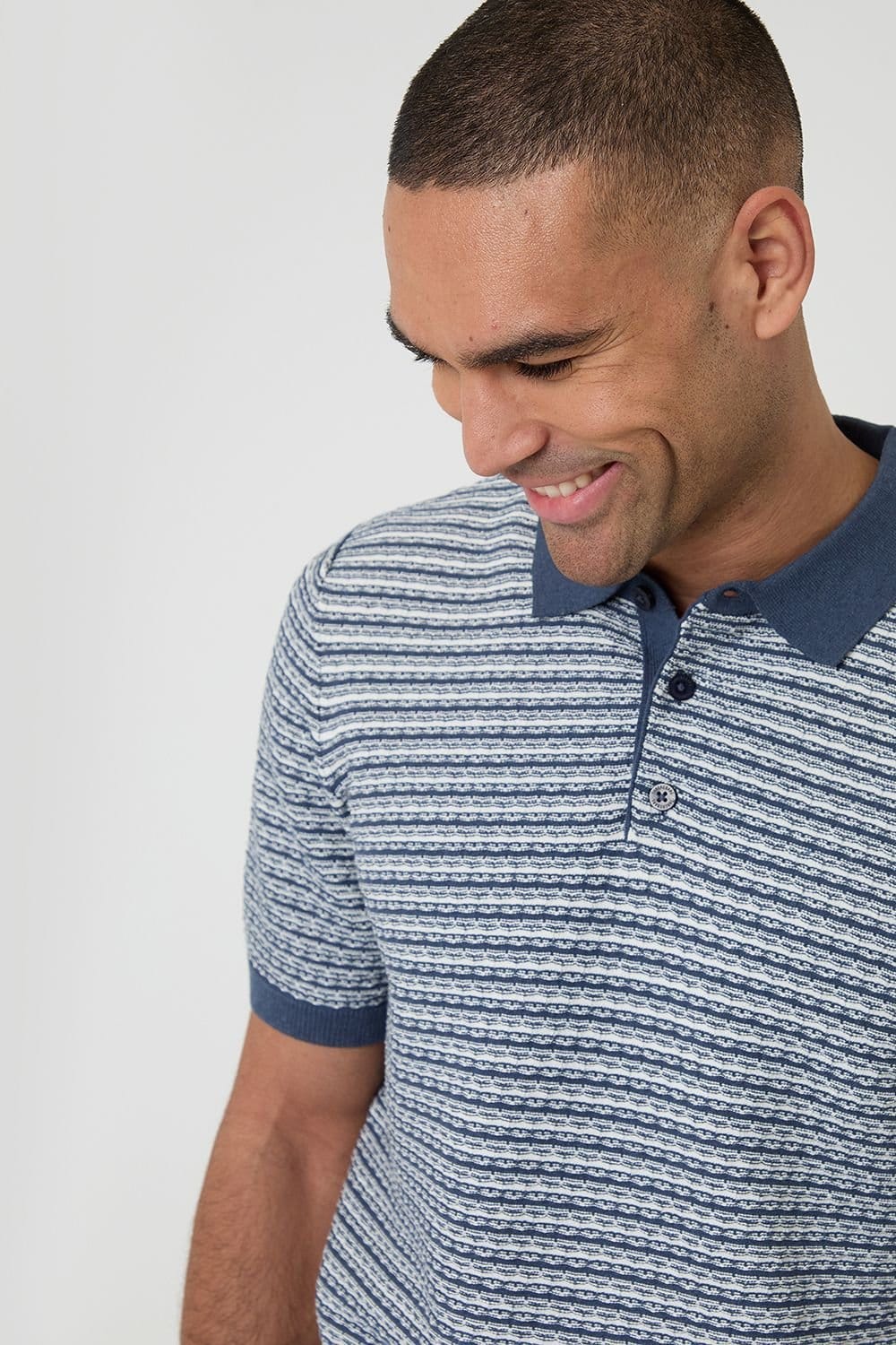 Threadbare threadbare Men's Textured Stripe Short Sleeve Knitted Polo in Blue - 4