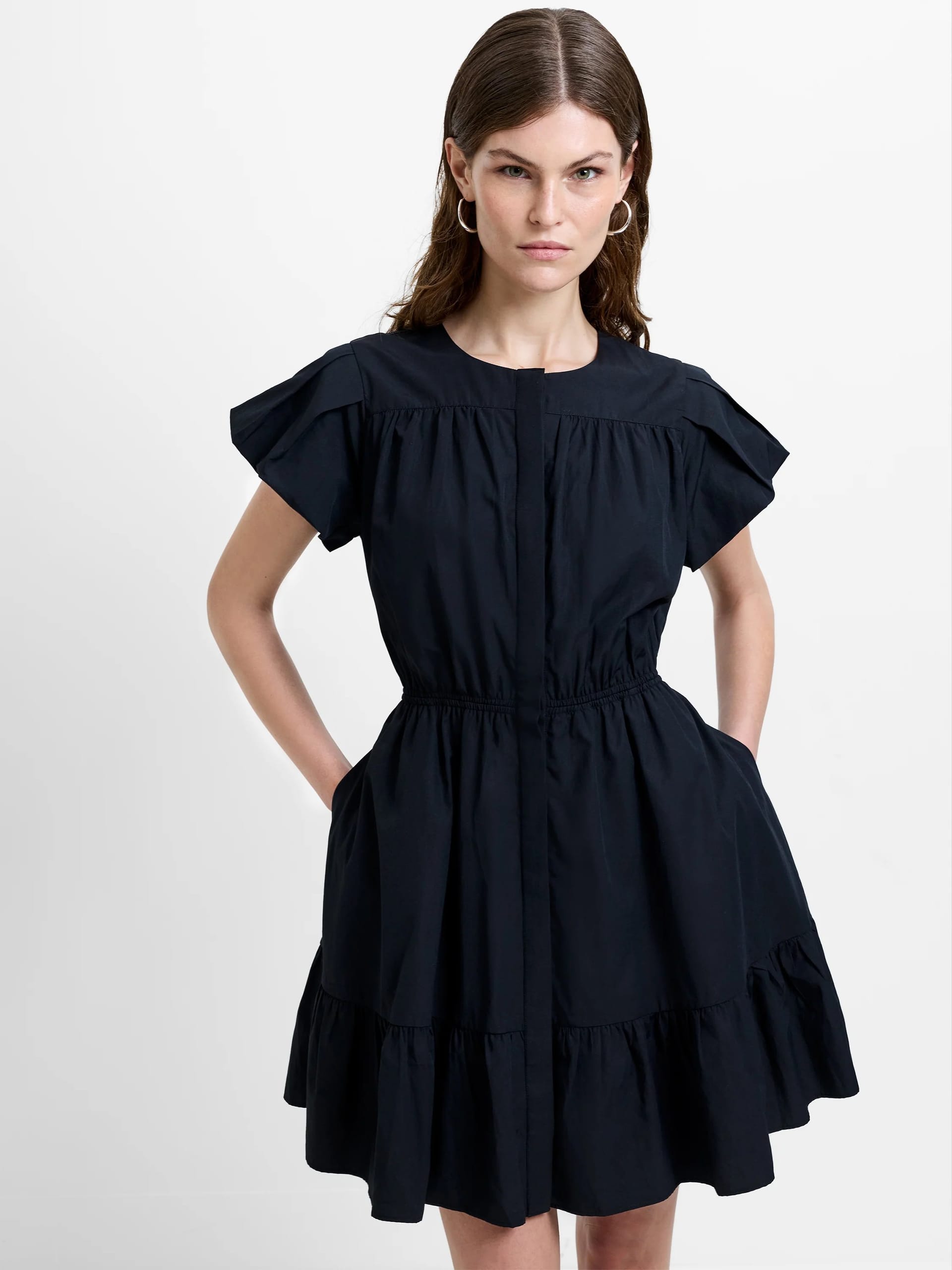 French Connection Black Poplin Flutter Sleeve Mini Dress