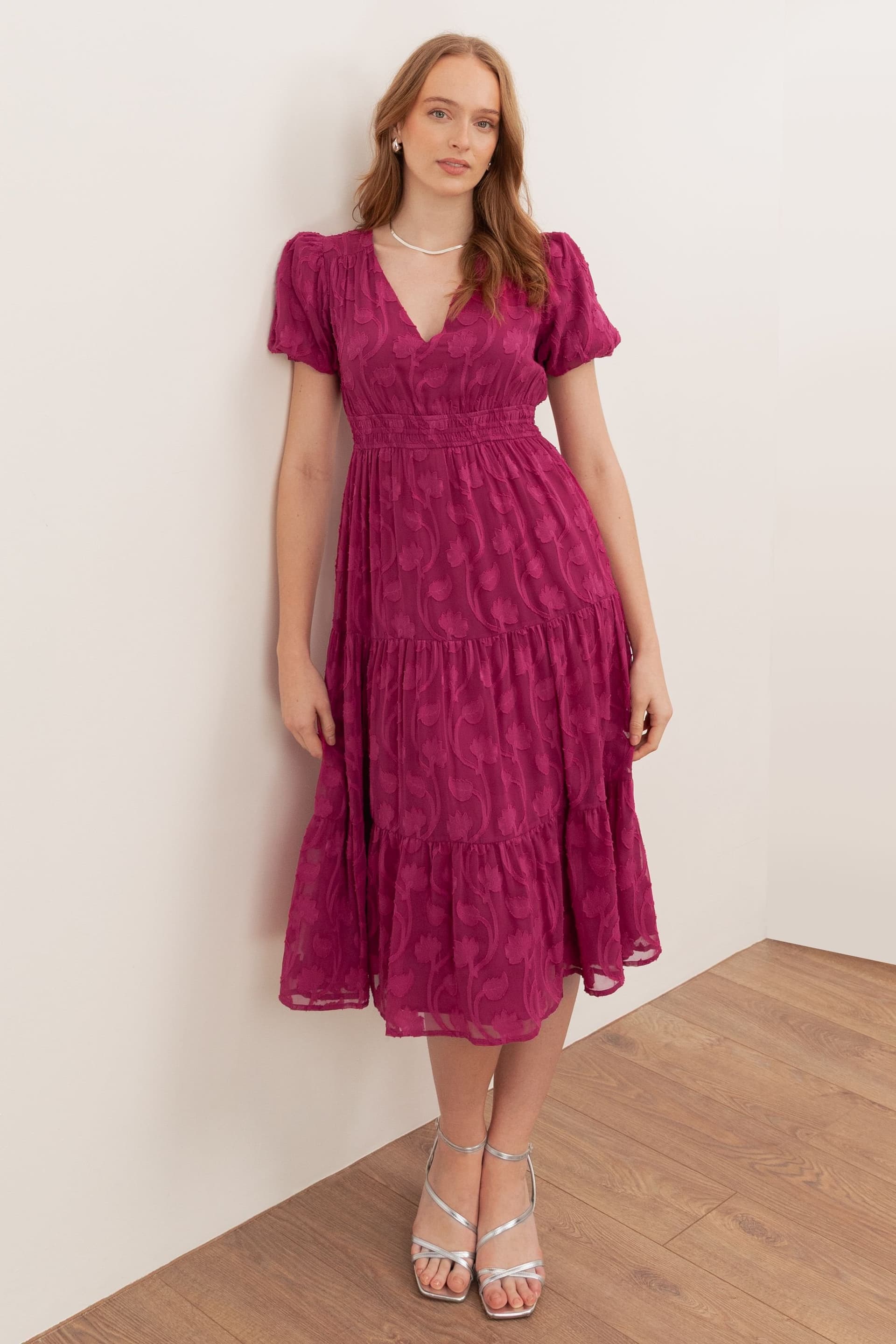 Lovedrobe Lovedrobe Women's Short Sleeve Floral Burnout Midi Dress in Fuchsia