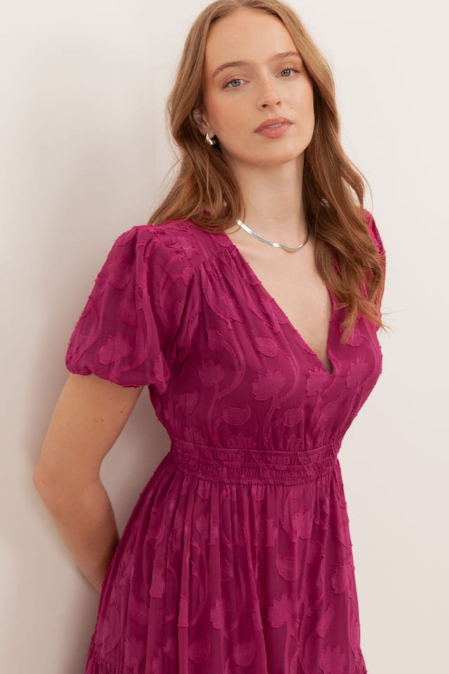 Lovedrobe Lovedrobe Women's Short Sleeve Floral Burnout Midi Dress in Fuchsia - 3