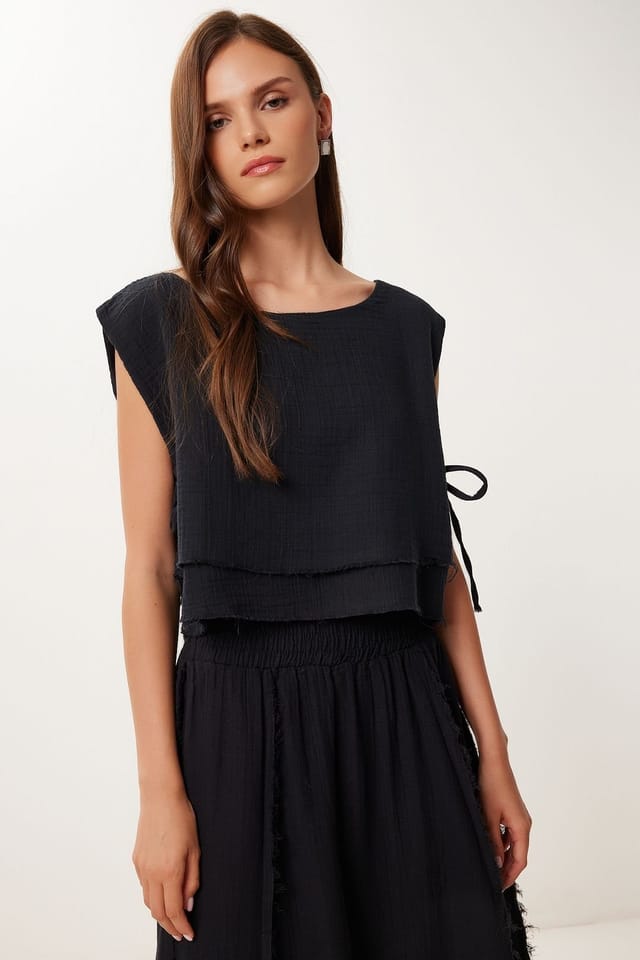 Happiness Istanbul Happiness Istanbul Women's Cotton Sleeveless Blouse & Wide-Leg Skirt Set in Black - 3