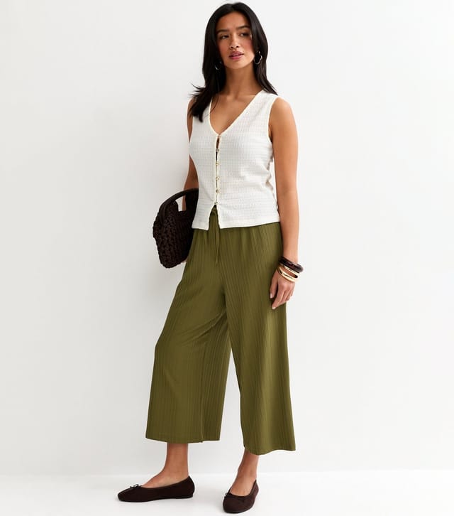 New Look Women's Petite Dark Khaki Crinkled Cropped Wide Leg Trousers New Look - 3