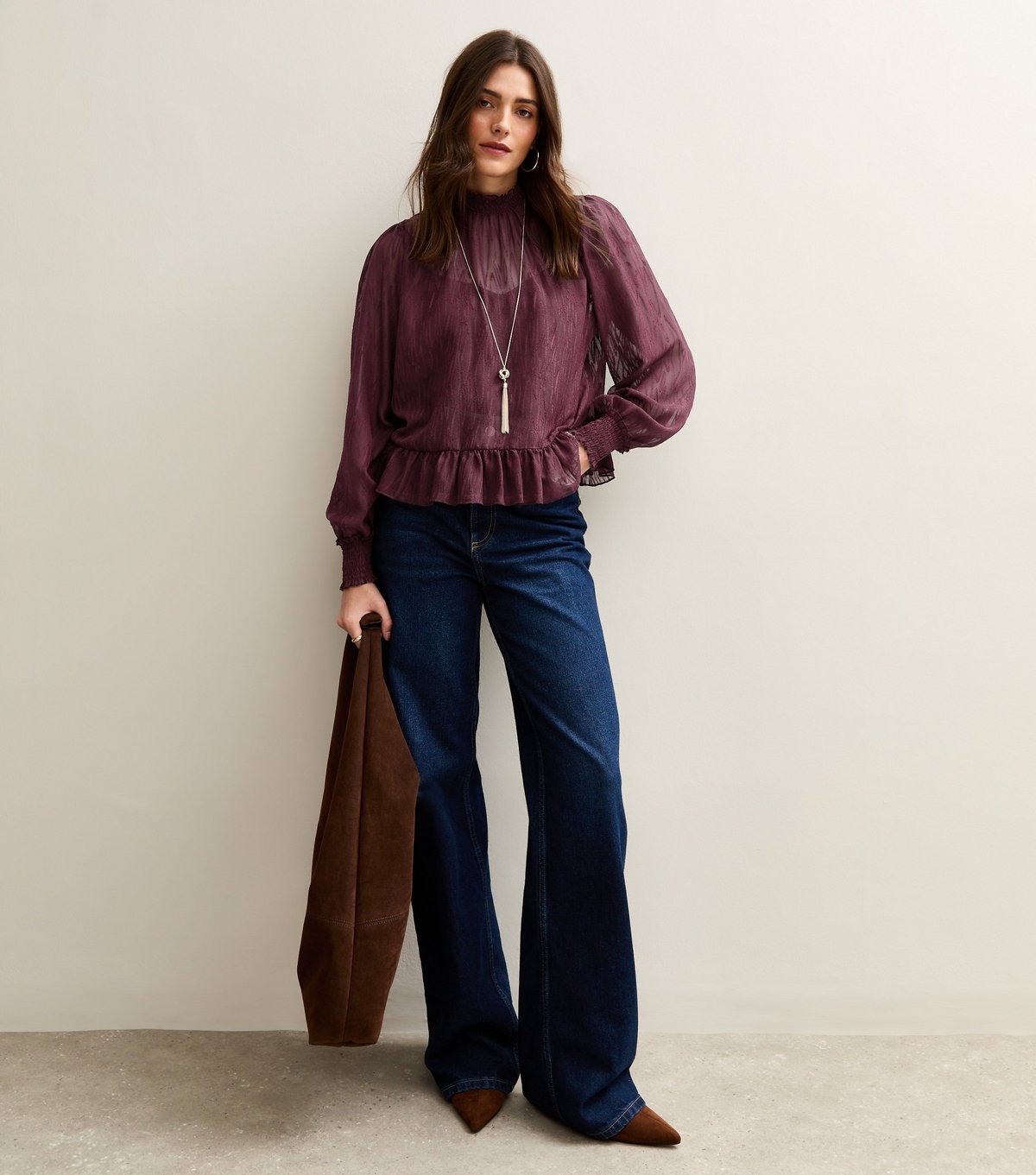 New Look Women's Burgundy Textured Chiffon High Neck Blouse New Look - 2