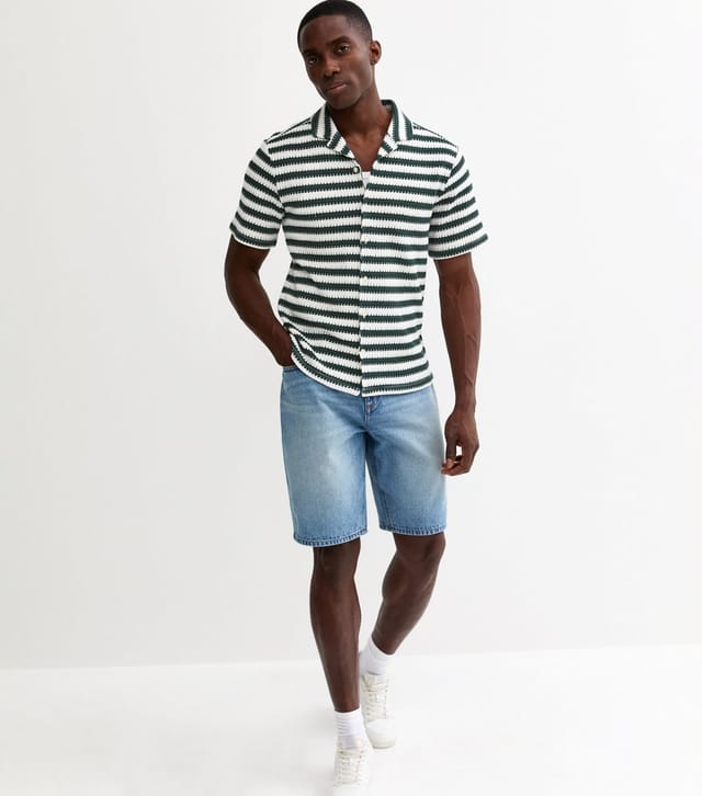 New Look Men's Green Regular Fit Short Sleeve Stripe Knit Shirt New Look - 2