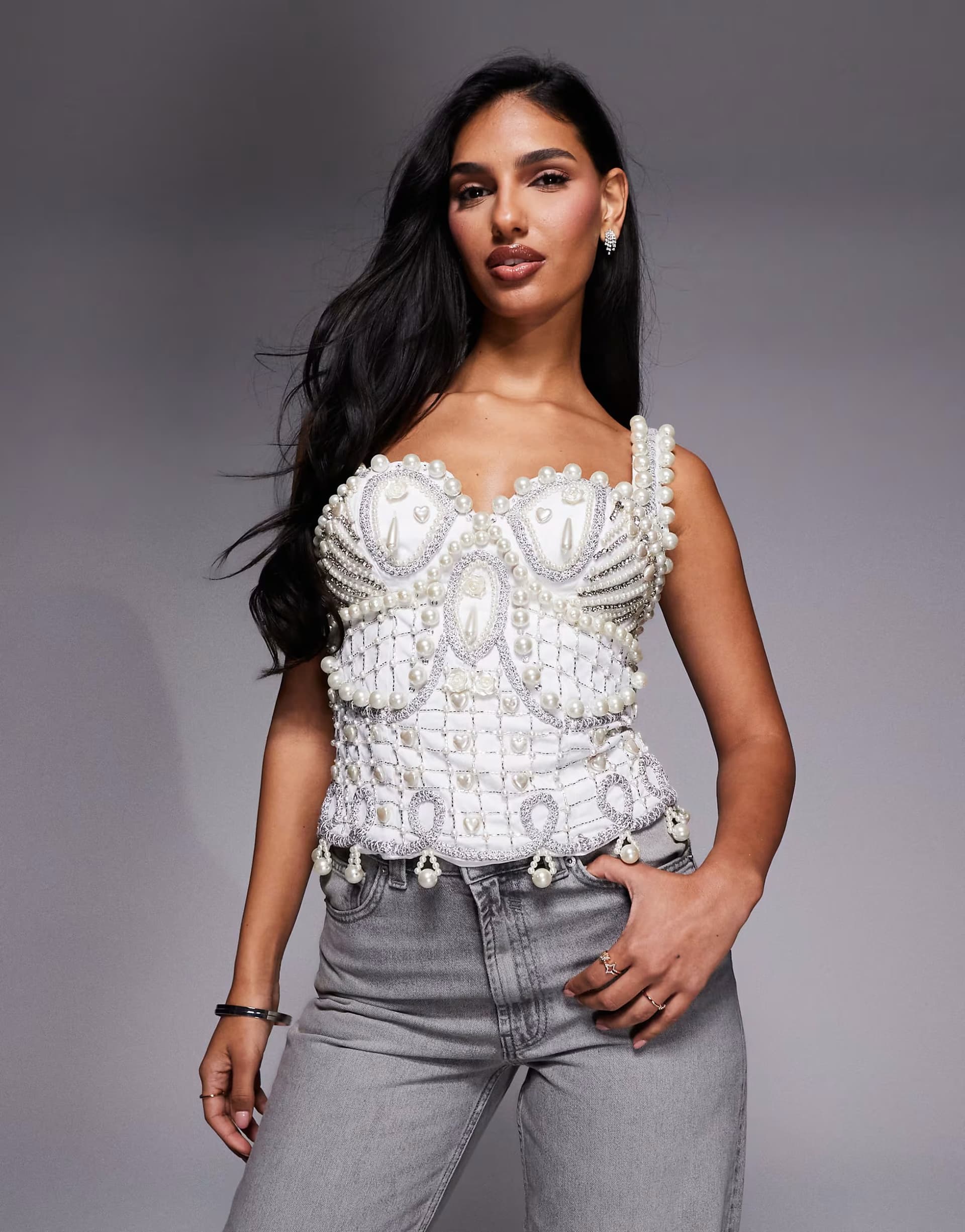 ASOS ASOS LUXE pearl embellished top in white
