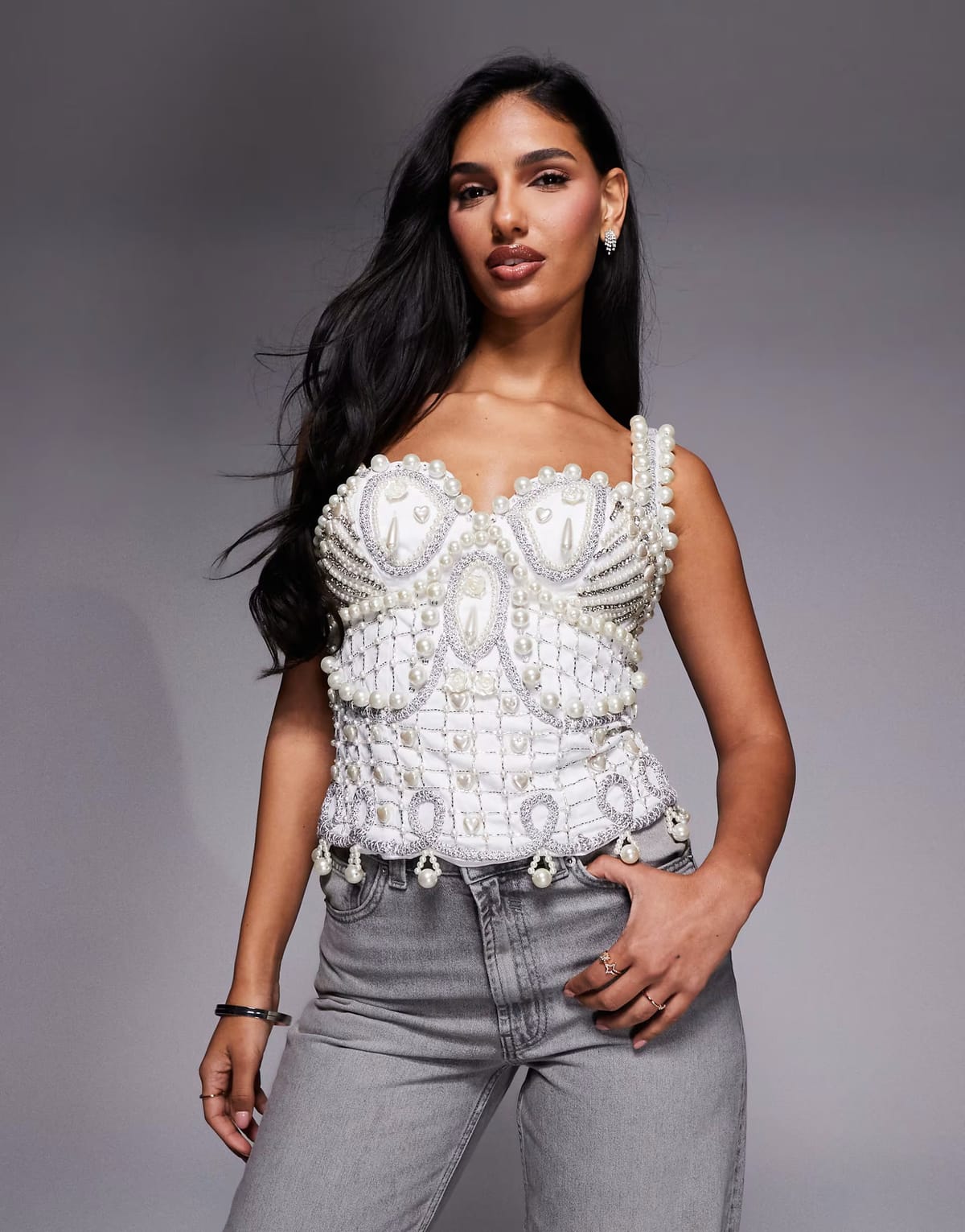 ASOS ASOS LUXE pearl embellished top in white - 1