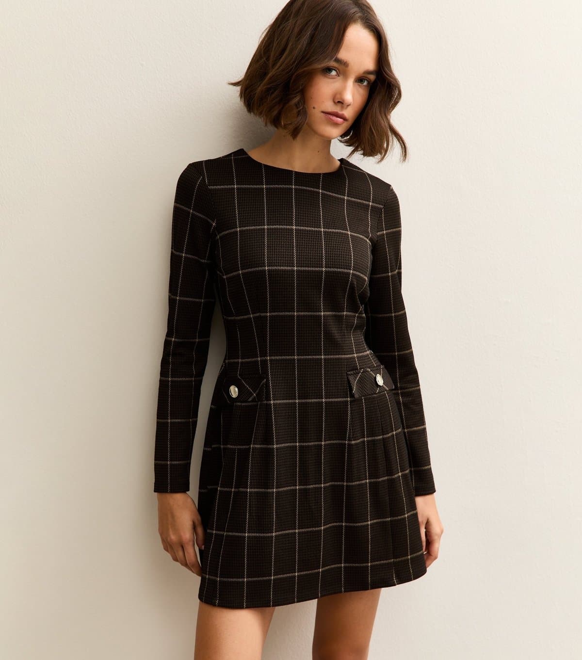 New Look Women's Brown Check Long Sleeve Mini Dress New Look