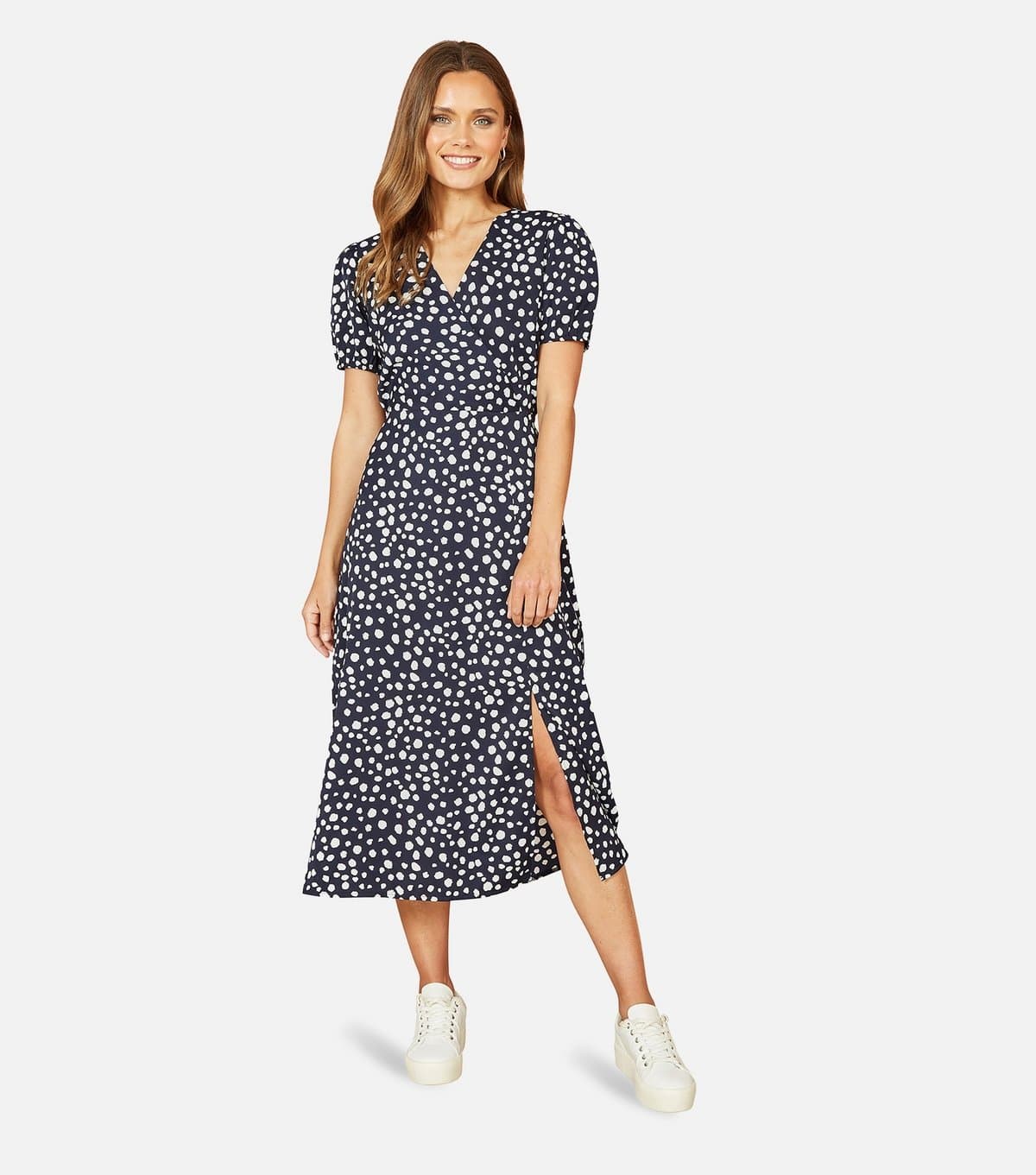 Yumi Women's Navy Spot Print Midi Dress Yumi New Look