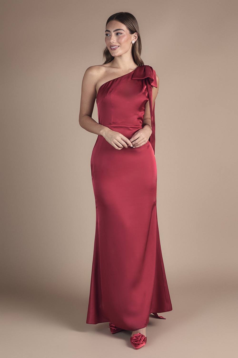 Coast Coast Women's Bow & Drape Detail One Shoulder Satin Bridesmaid Dress in Red - 2
