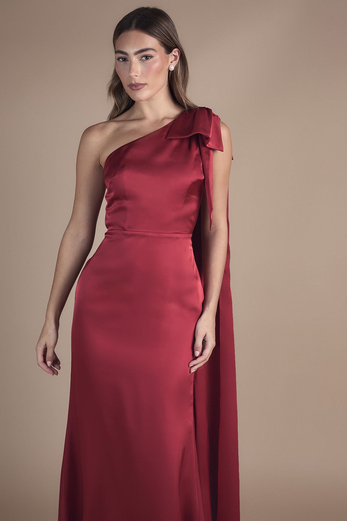 Coast Coast Women's Bow & Drape Detail One Shoulder Satin Bridesmaid Dress in Red - 4