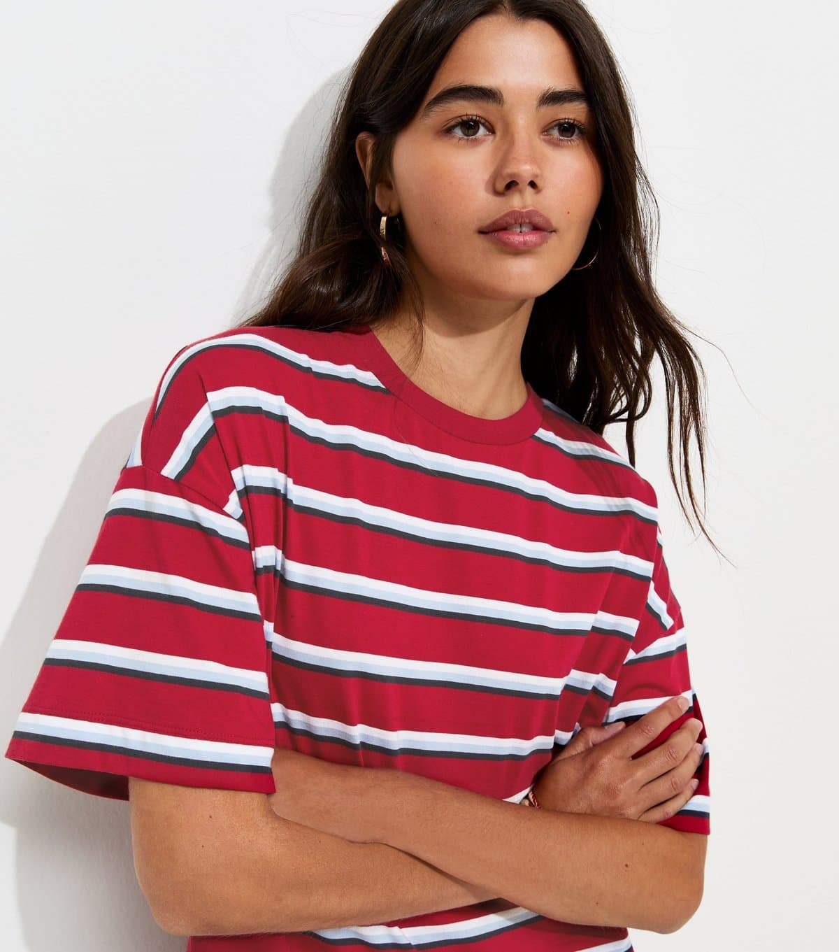 New Look Women's Red Cotton Striped Oversized Boxy T-Shirt New Look