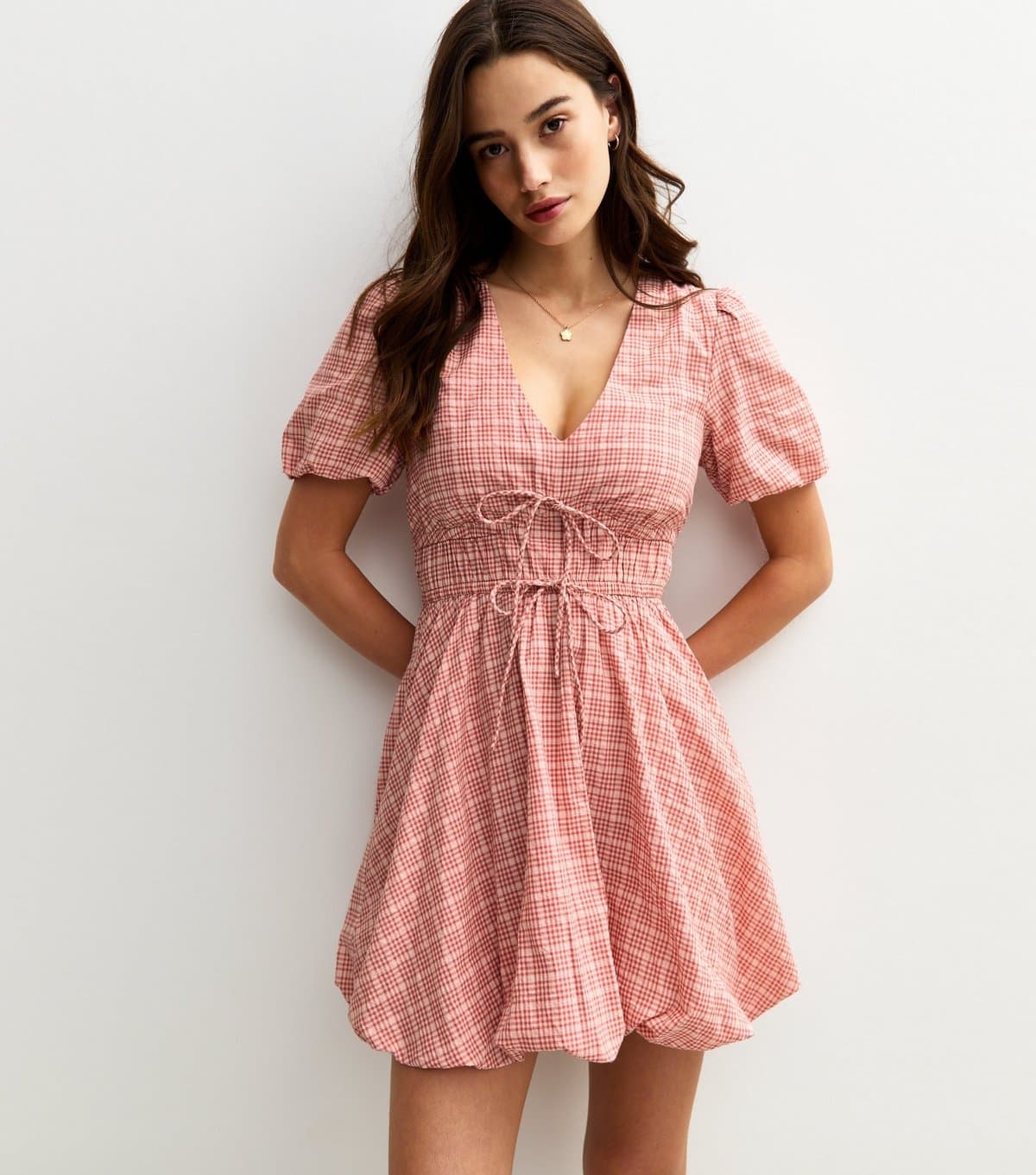 New Look Women's Pink Gingham Check Puffball Hem Micro Mini Dress New Look