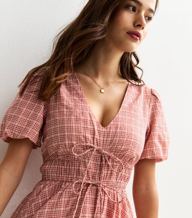 New Look Women's Pink Gingham Check Puffball Hem Micro Mini Dress New Look - 2