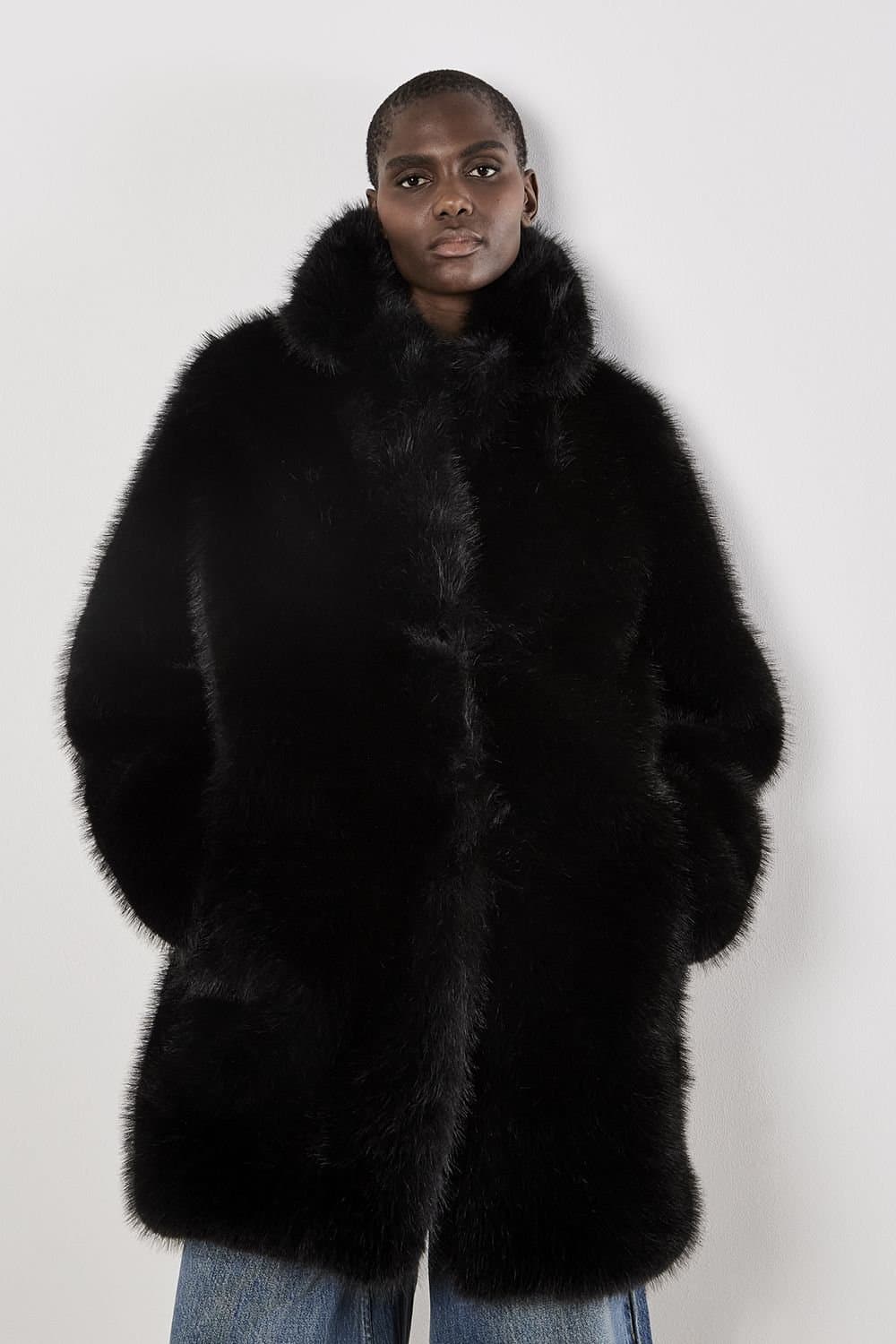 Apricot Apricot Women's Faux Fur Longline Coat in Black