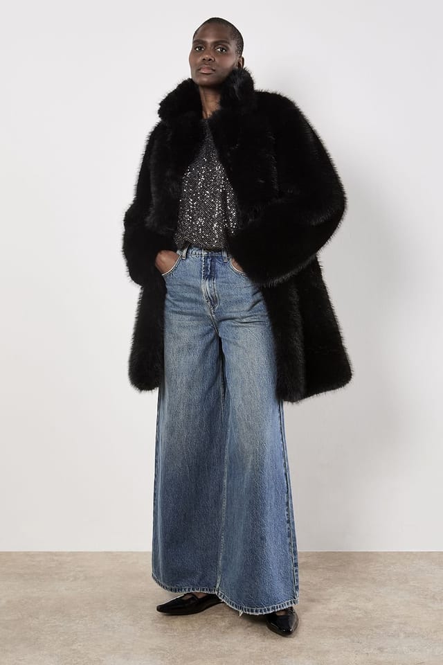 Apricot Apricot Women's Faux Fur Longline Coat in Black - 2