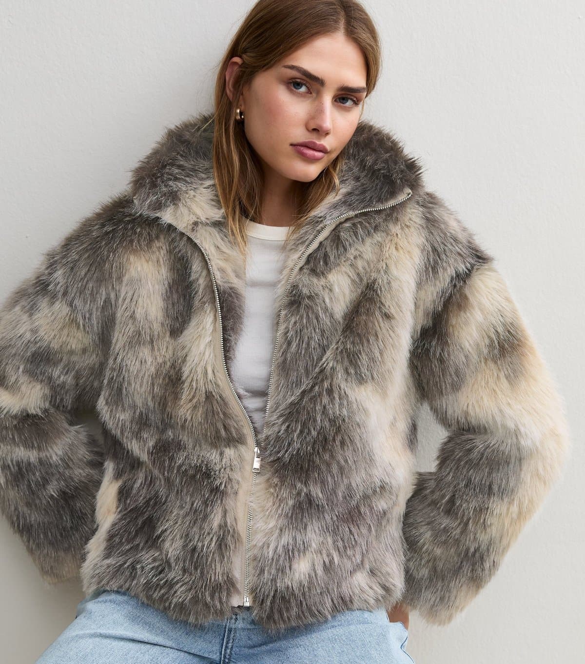New Look Women's Grey Funnel Neck Faux Fur Jacket New Look