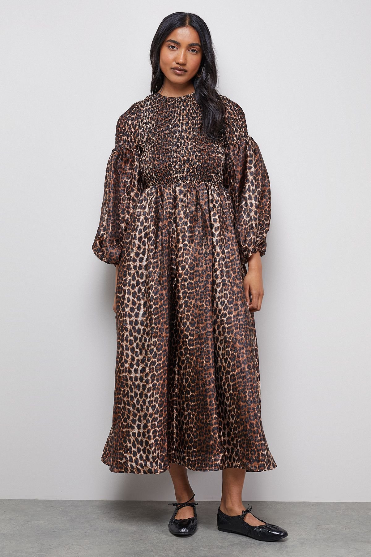 Warehouse Warehouse Women's Textured Organza Shirred Midaxi Dress in Brown - 2