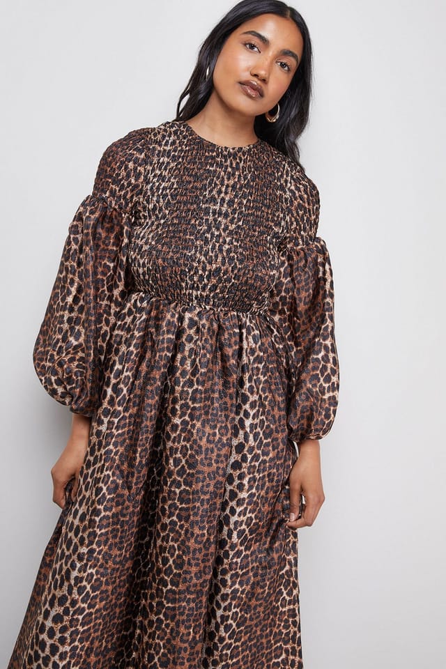 Warehouse Warehouse Women's Textured Organza Shirred Midaxi Dress in Brown - 2