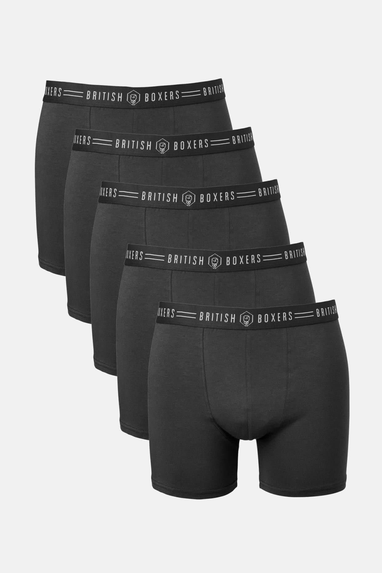 British Boxers British Boxers Men's Pack of Five "Coal Black" Stretch Trunks in Black