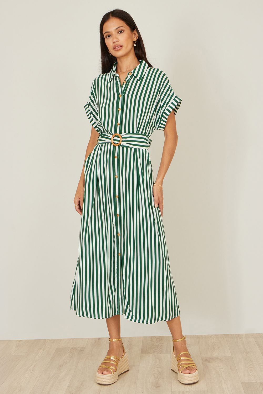 Yumi Yumi Women's Green Stripe Print Relaxed Midi Shirt Dress With Belt - 2