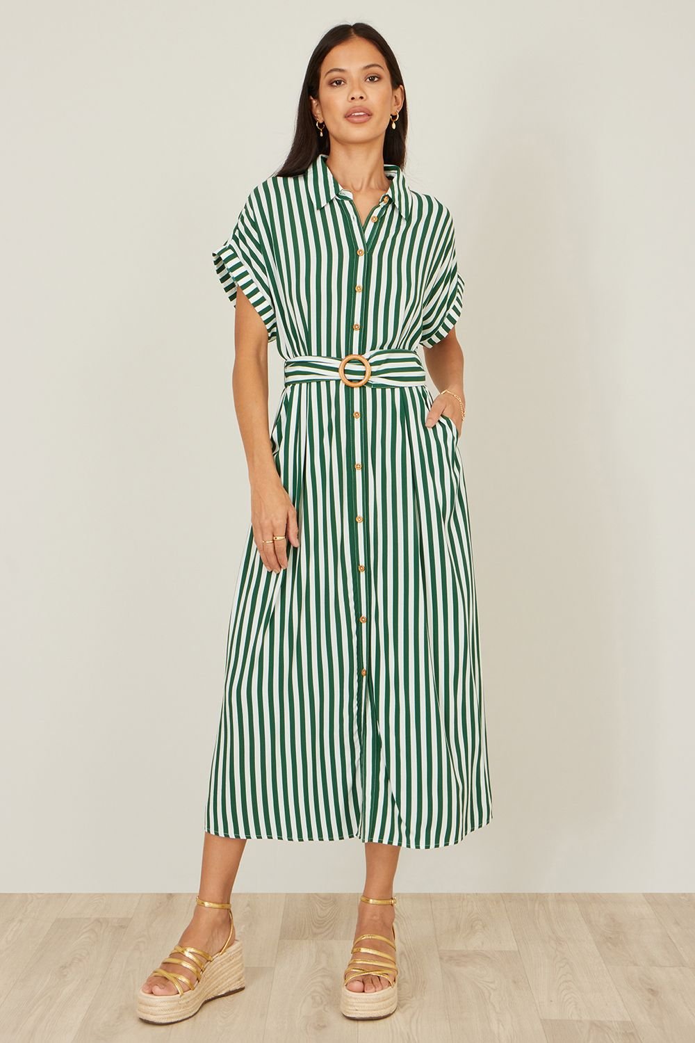 Yumi Yumi Women's Green Stripe Print Relaxed Midi Shirt Dress With Belt - 3