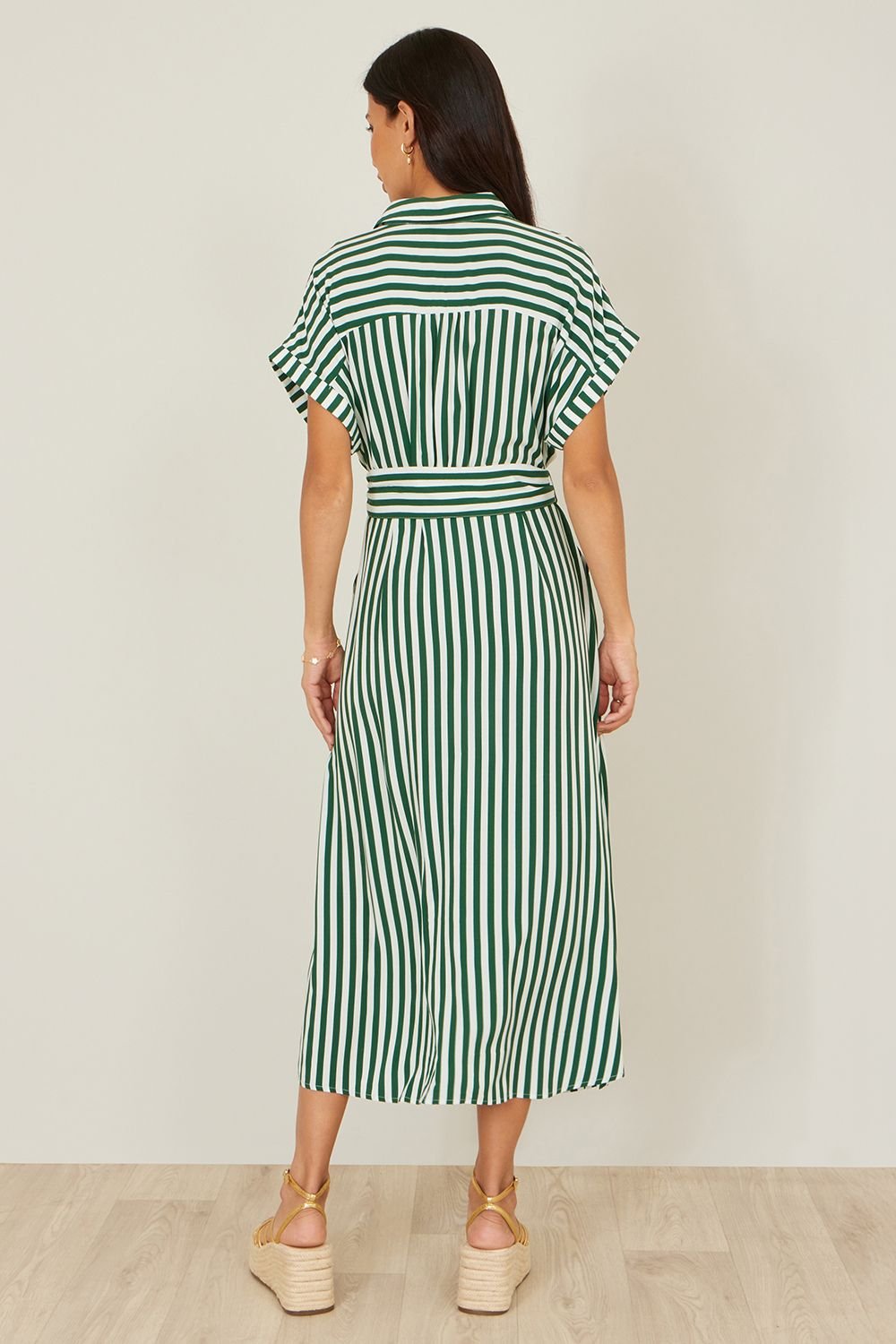 Yumi Yumi Women's Green Stripe Print Relaxed Midi Shirt Dress With Belt - 4