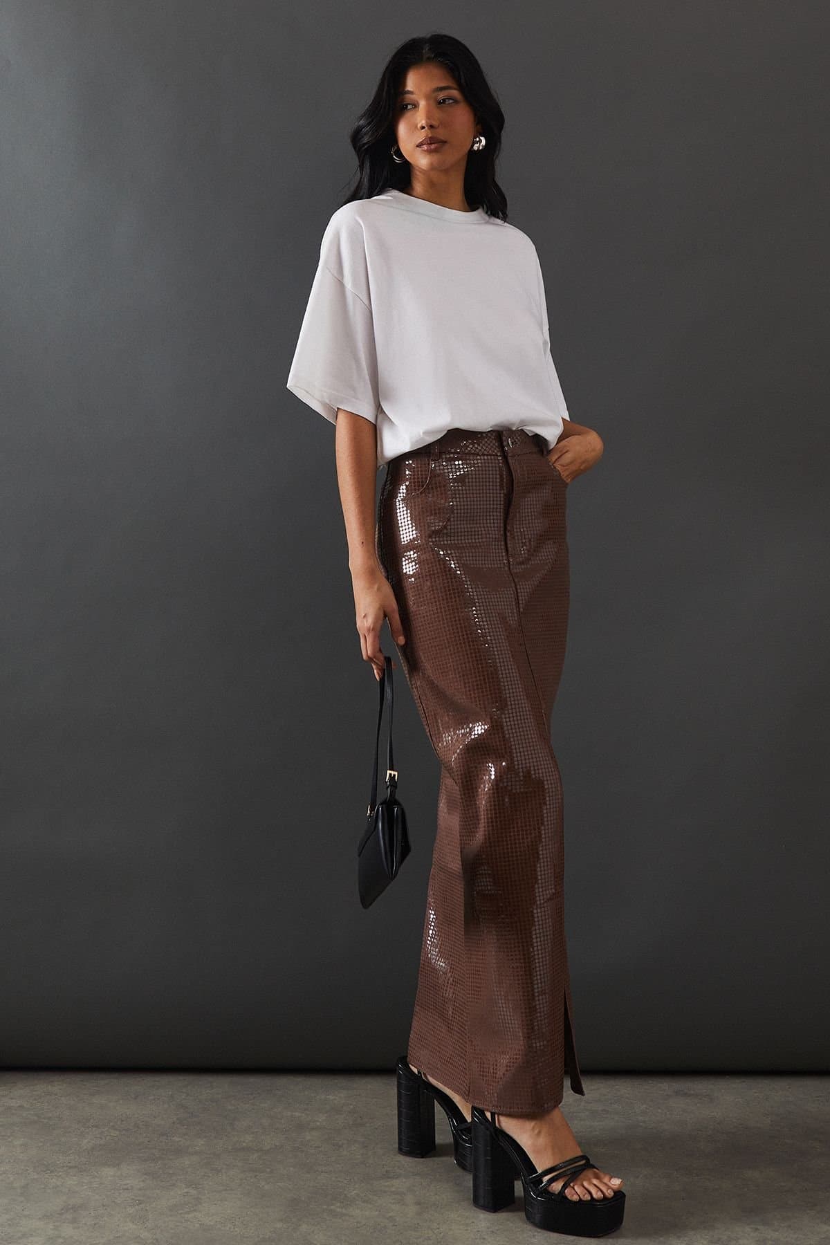 Warehouse Warehouse Women's Premium All Over Shimmer Denim Maxi Skirt in Brown