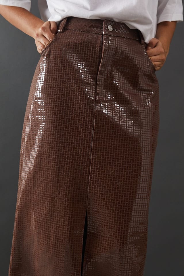 Warehouse Warehouse Women's Premium All Over Shimmer Denim Maxi Skirt in Brown - 2
