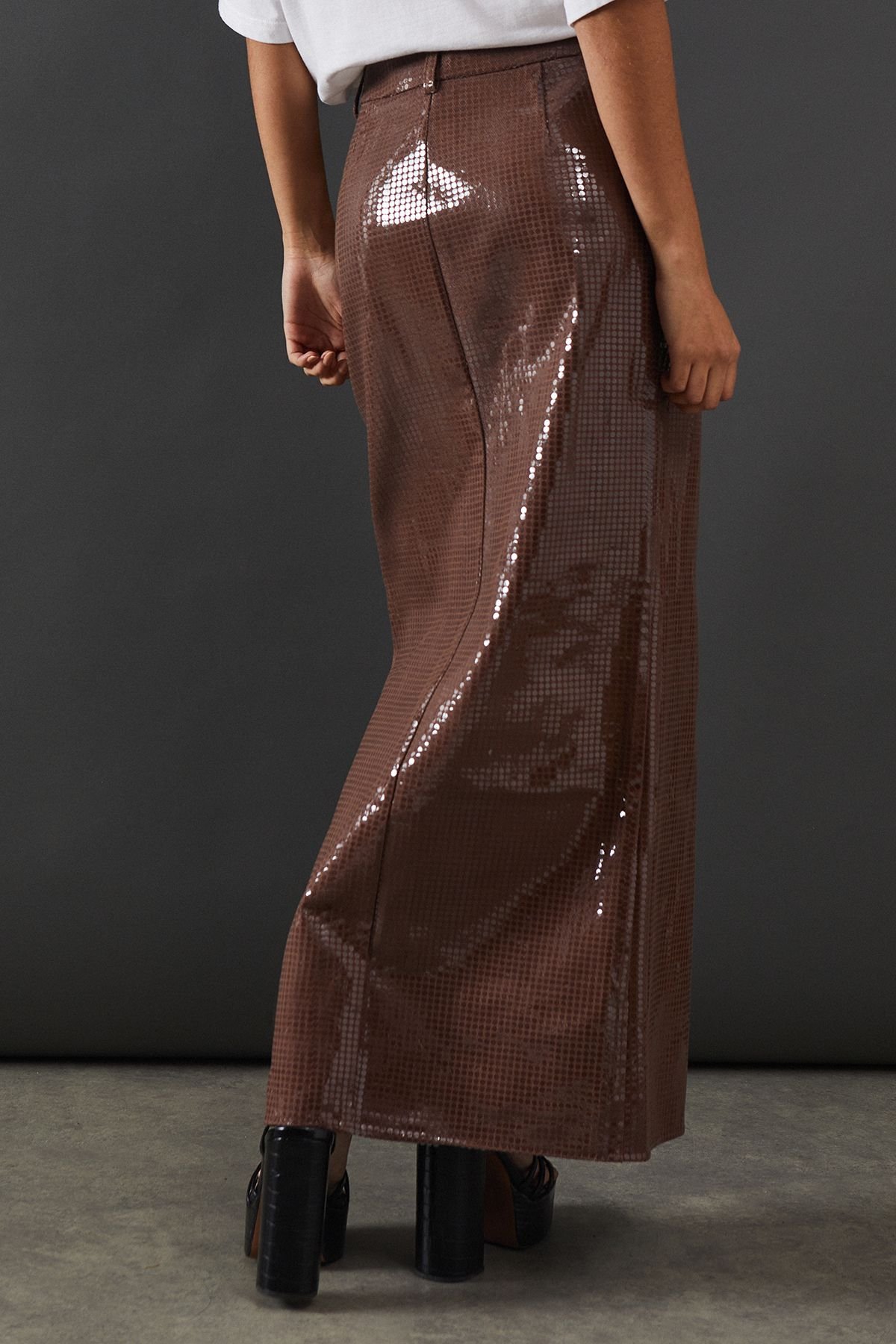 Warehouse Warehouse Women's Premium All Over Shimmer Denim Maxi Skirt in Brown - 3