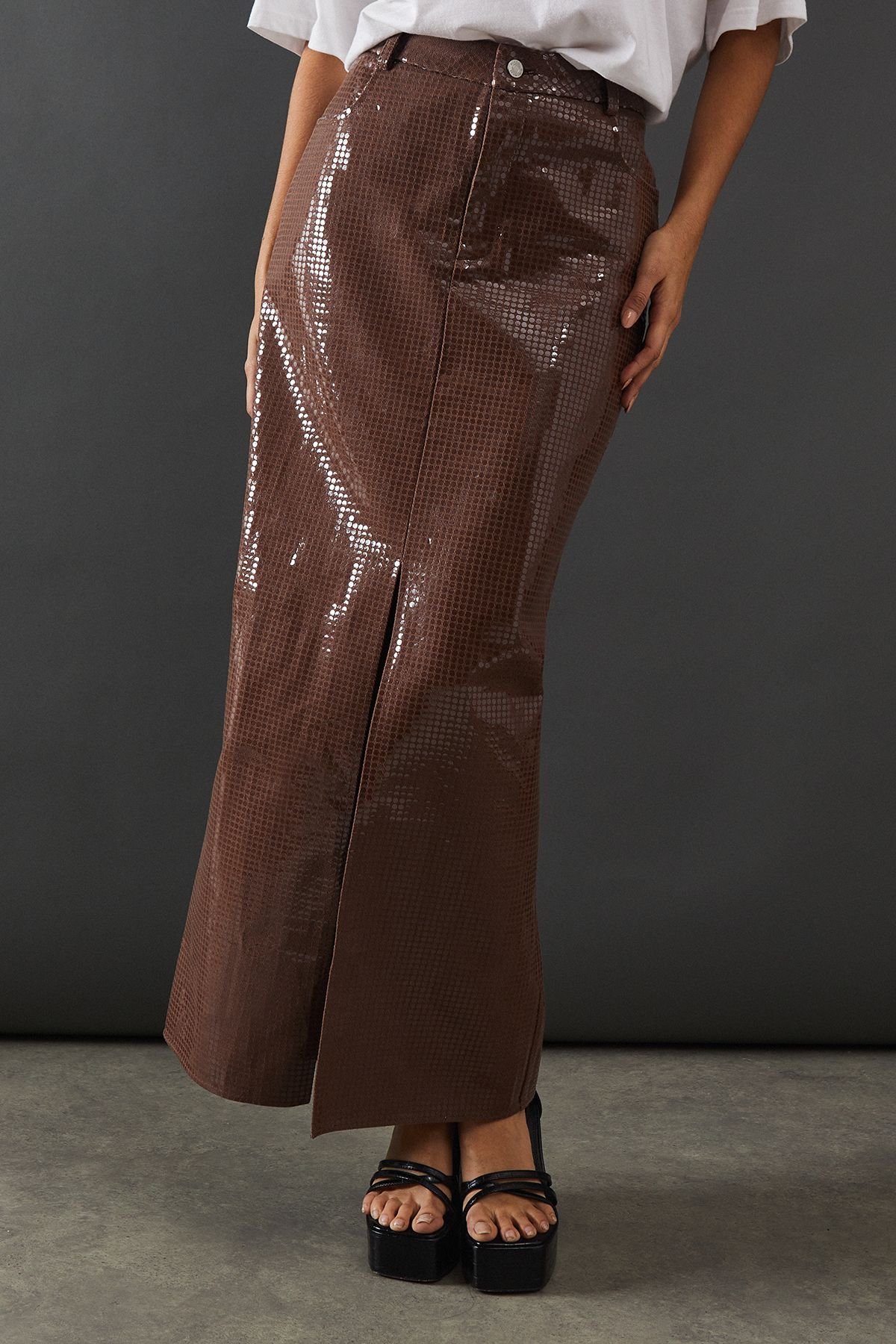 Warehouse Warehouse Women's Premium All Over Shimmer Denim Maxi Skirt in Brown - 4
