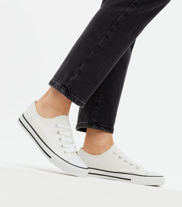 New Look Women's White Stripe Canvas Lace Up Trainers Vegan New Look - 2