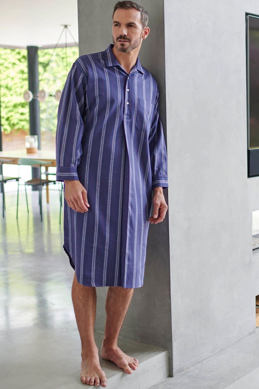British Boxers British Boxers Men's "Banbury Navy" Stripe Brushed Cotton Nightshirt in Dark Blue - 2