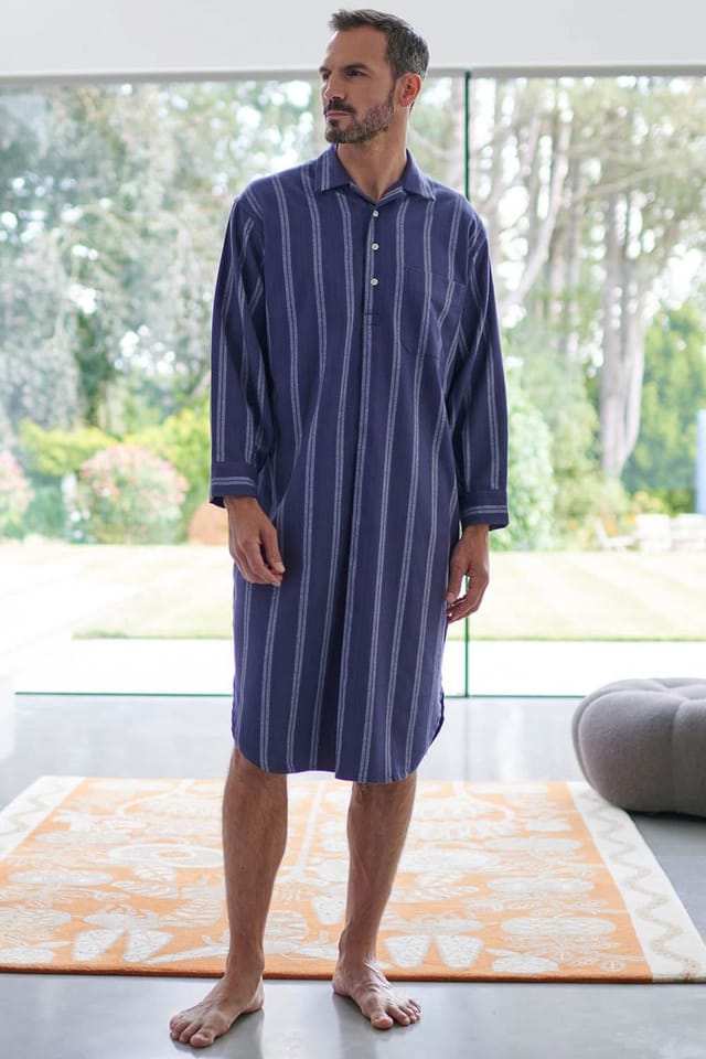 British Boxers British Boxers Men's "Banbury Navy" Stripe Brushed Cotton Nightshirt in Dark Blue - 2