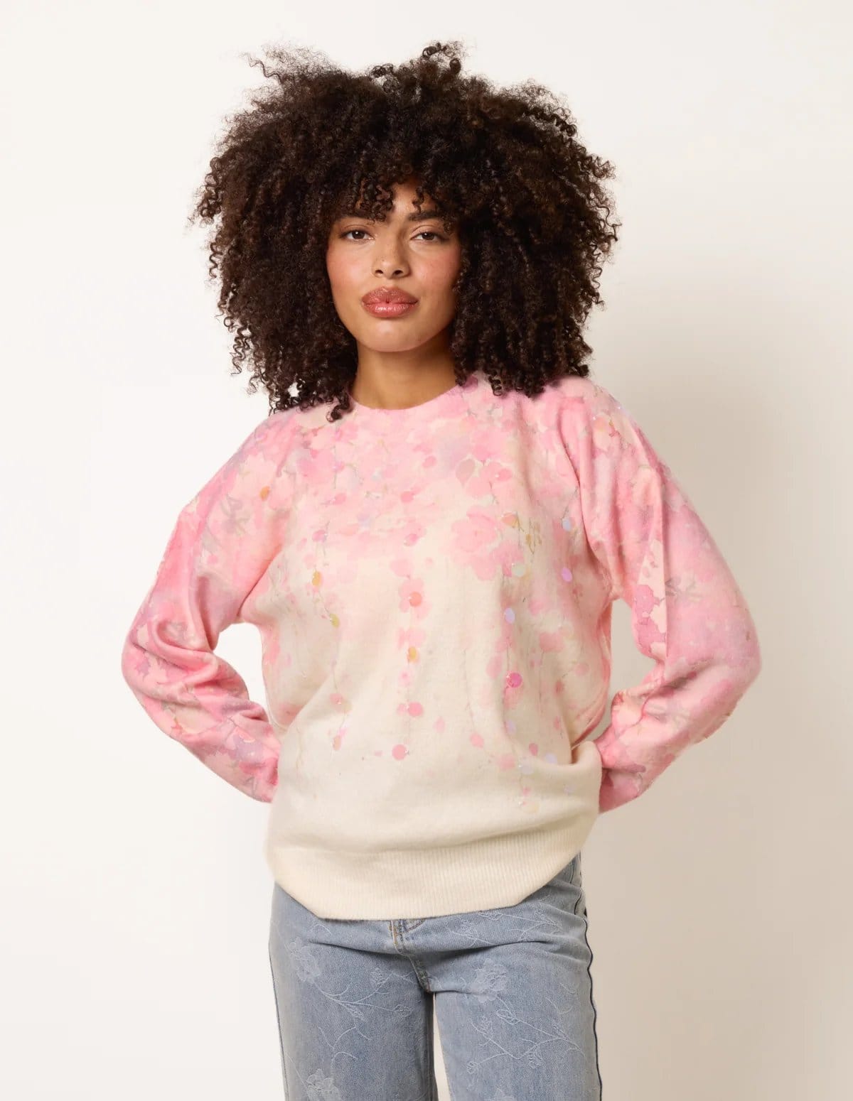 Blue Vanilla Pink Floral Printed Sequin Detail Jumper