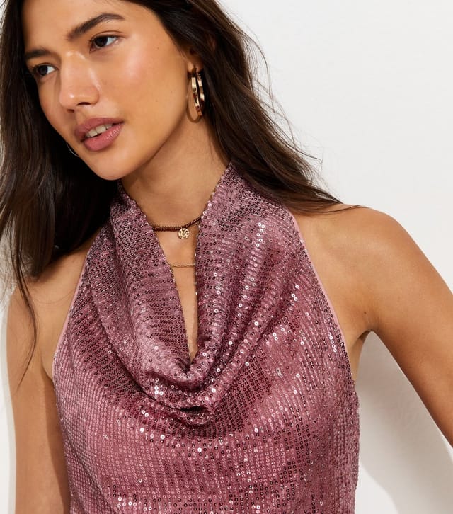 New Look Women's Dark Pink Glitter Halter Sequin Mini Dress New Look - 2