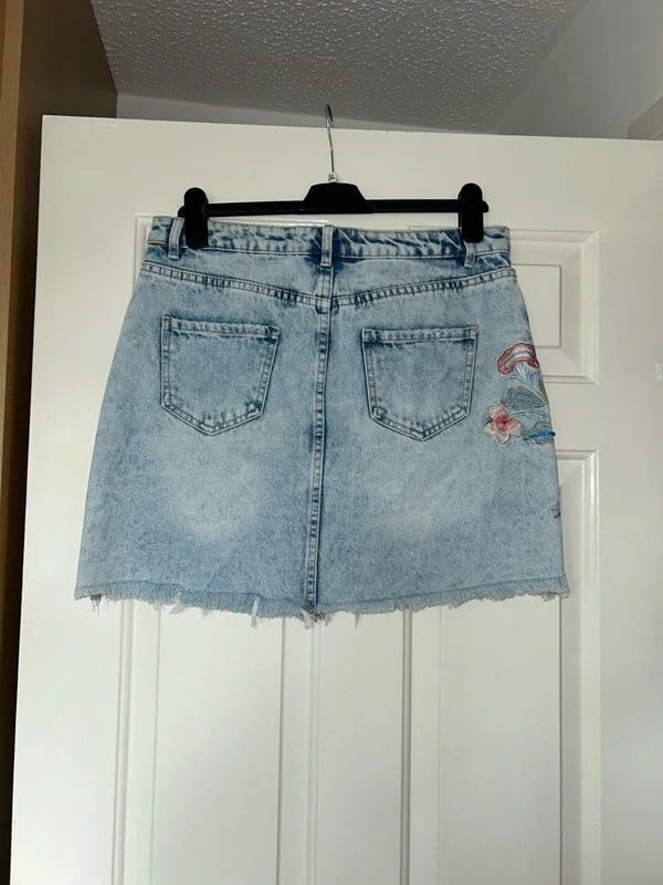 New Look Light Blue Denim Mini Skirt With Embroidery & Beading