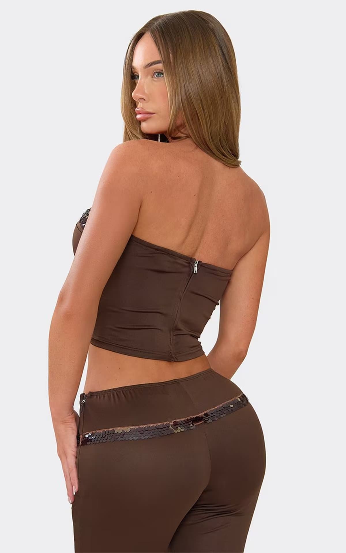 EGO Bandeau Sequin Band Detail Crop Top In Chocolate Brown, Women's Size UK 6