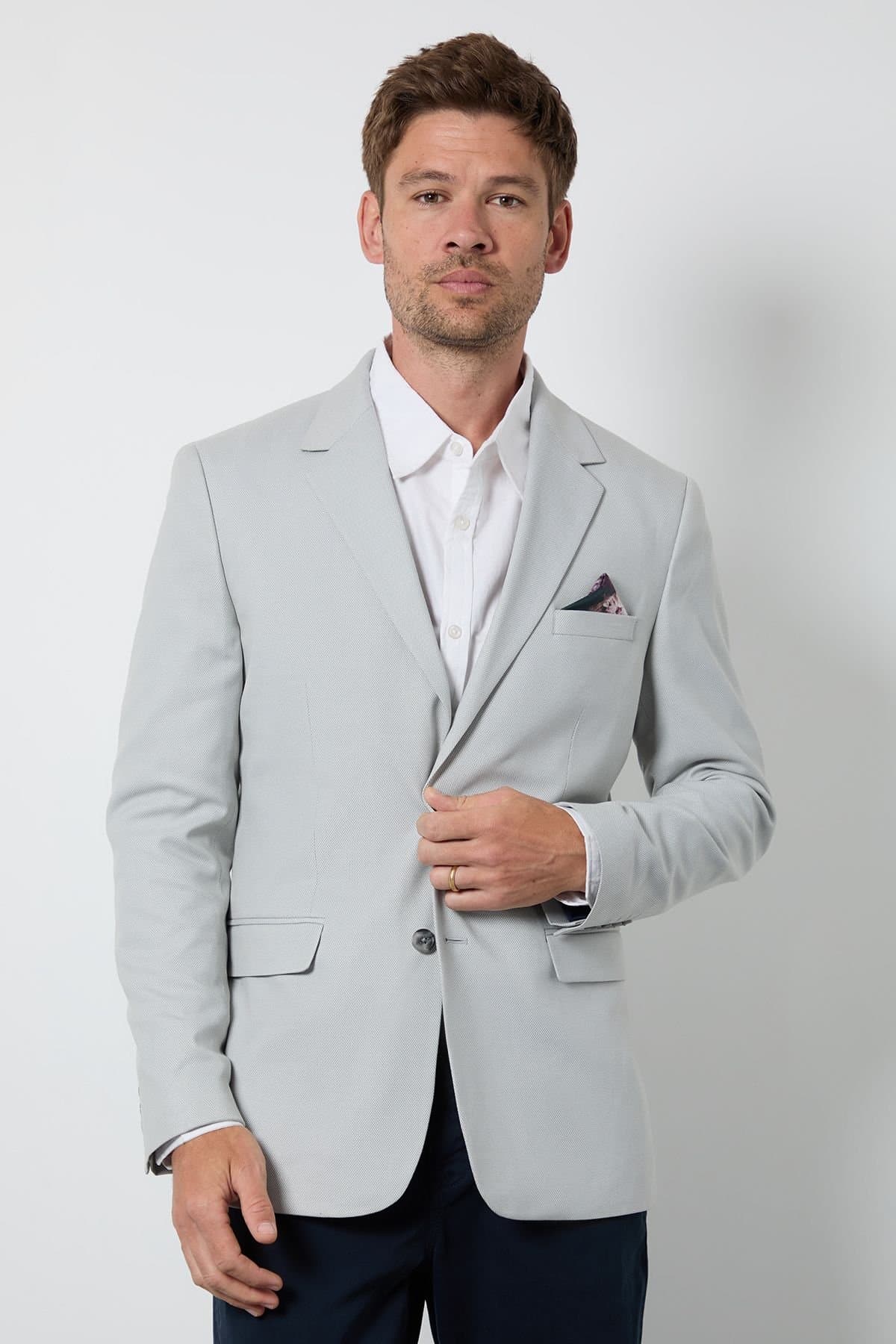 Burton Burton Men's Light Grey Textured Jersey Tailored Fit Blazer