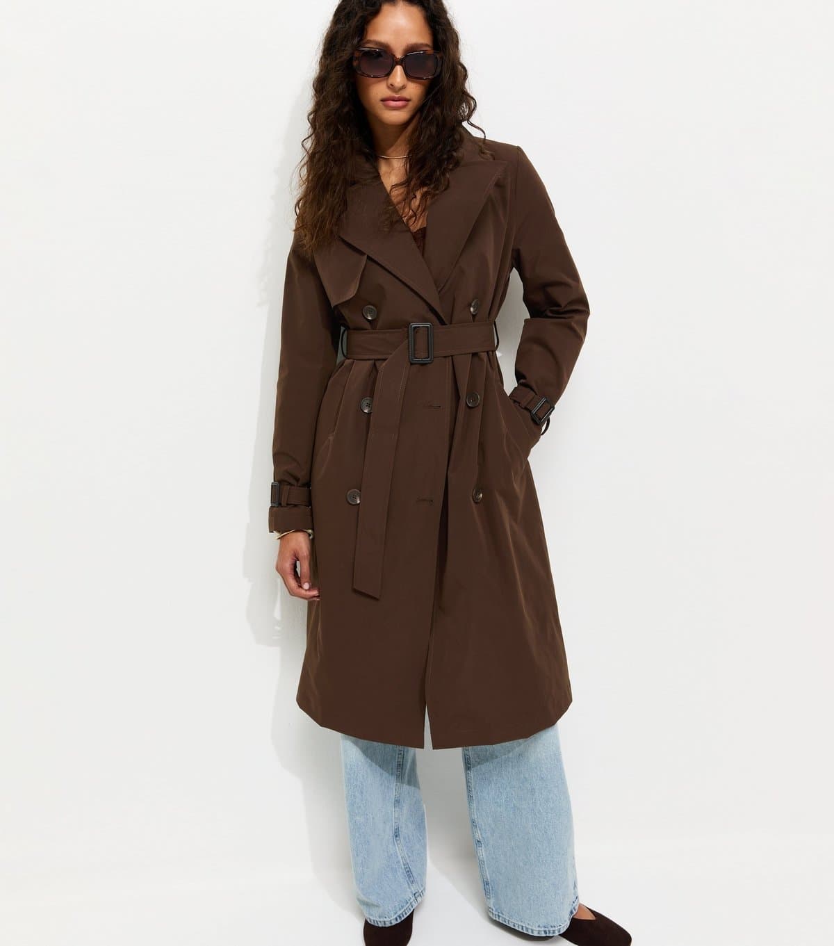 New Look Women's Dark Brown Double Breasted Belted Trench Coat New Look